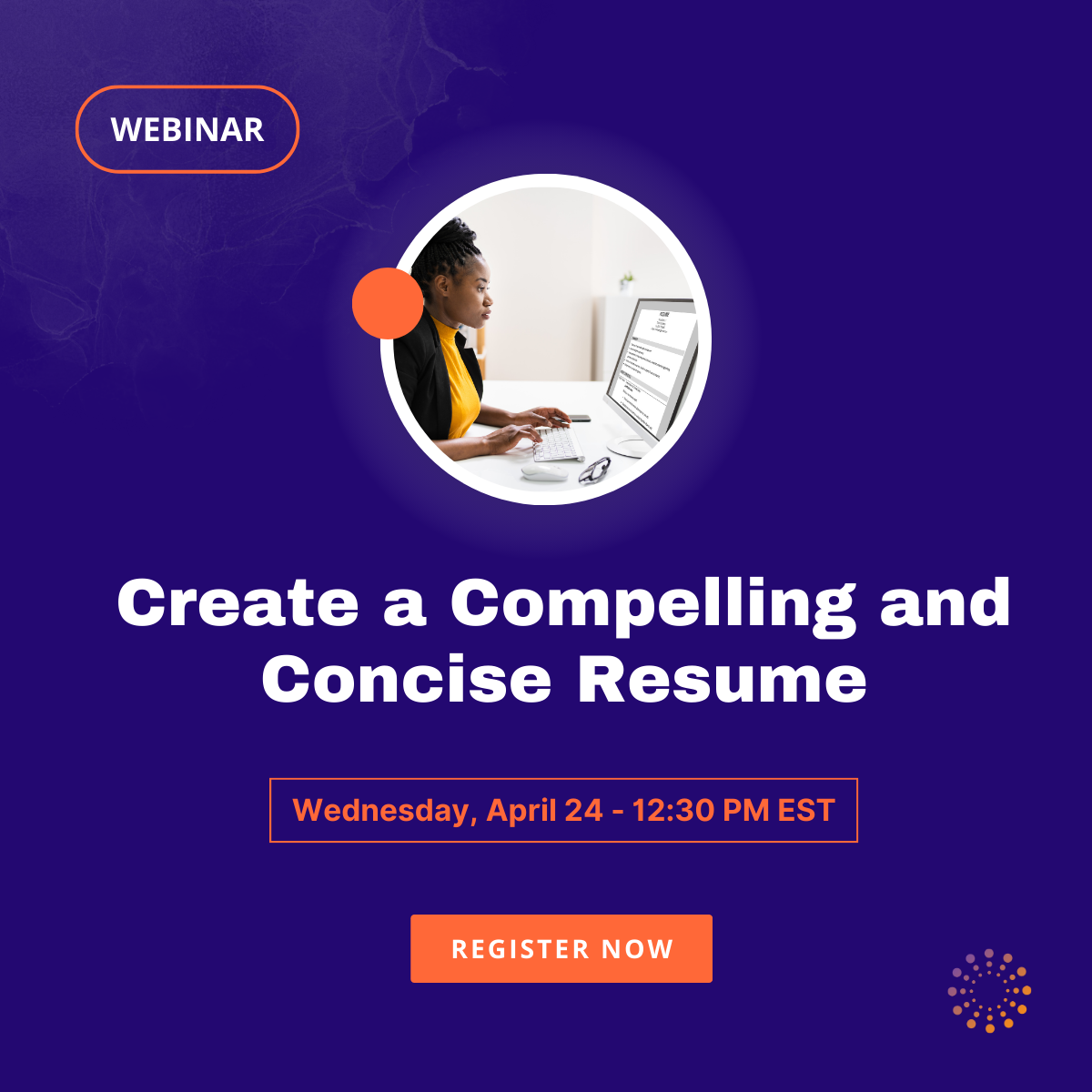Promo image encouraging audience to join the Create a compelling and concise resume webinar